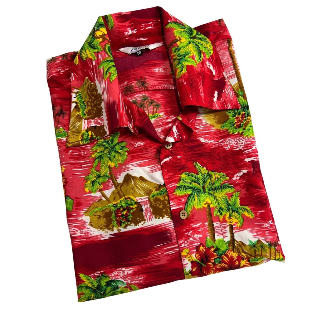 Alvish Button Down Men‎ Med Red Tropical Palm Hibiscus Hawaiian Beach Shirt D12